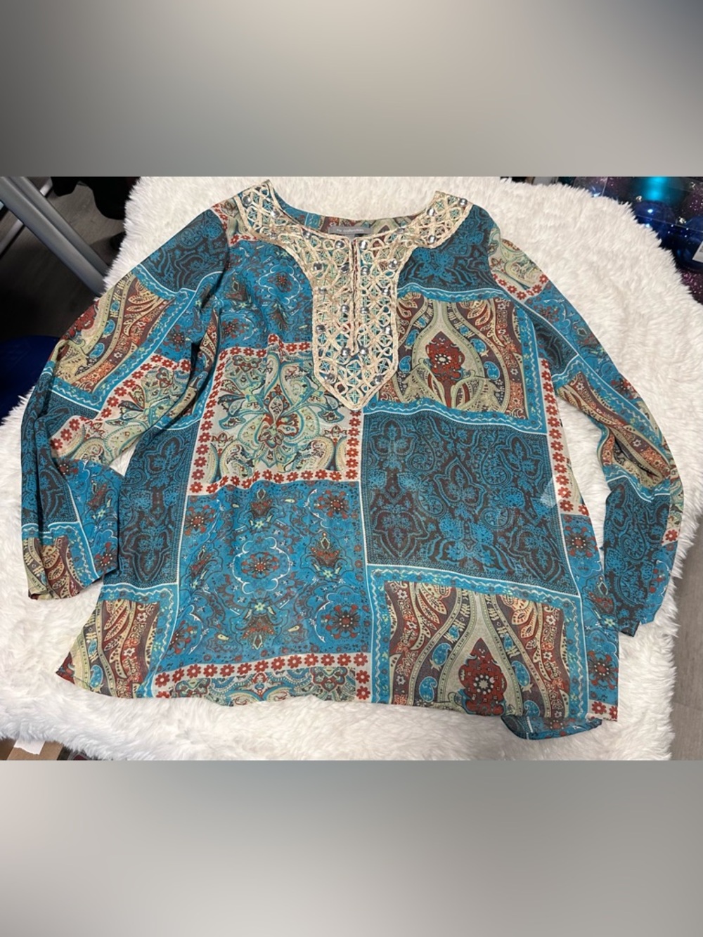 NY Collection Teal Patchwork Paisley Sheer Blouse with Cream Embroidered Yoke
